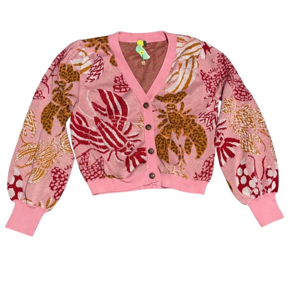 FARM Rio Sweaters - FARM Rio Cardigan Womens L Pink NWT Lobster Leopard Tropical Puff Sleeve Cropped